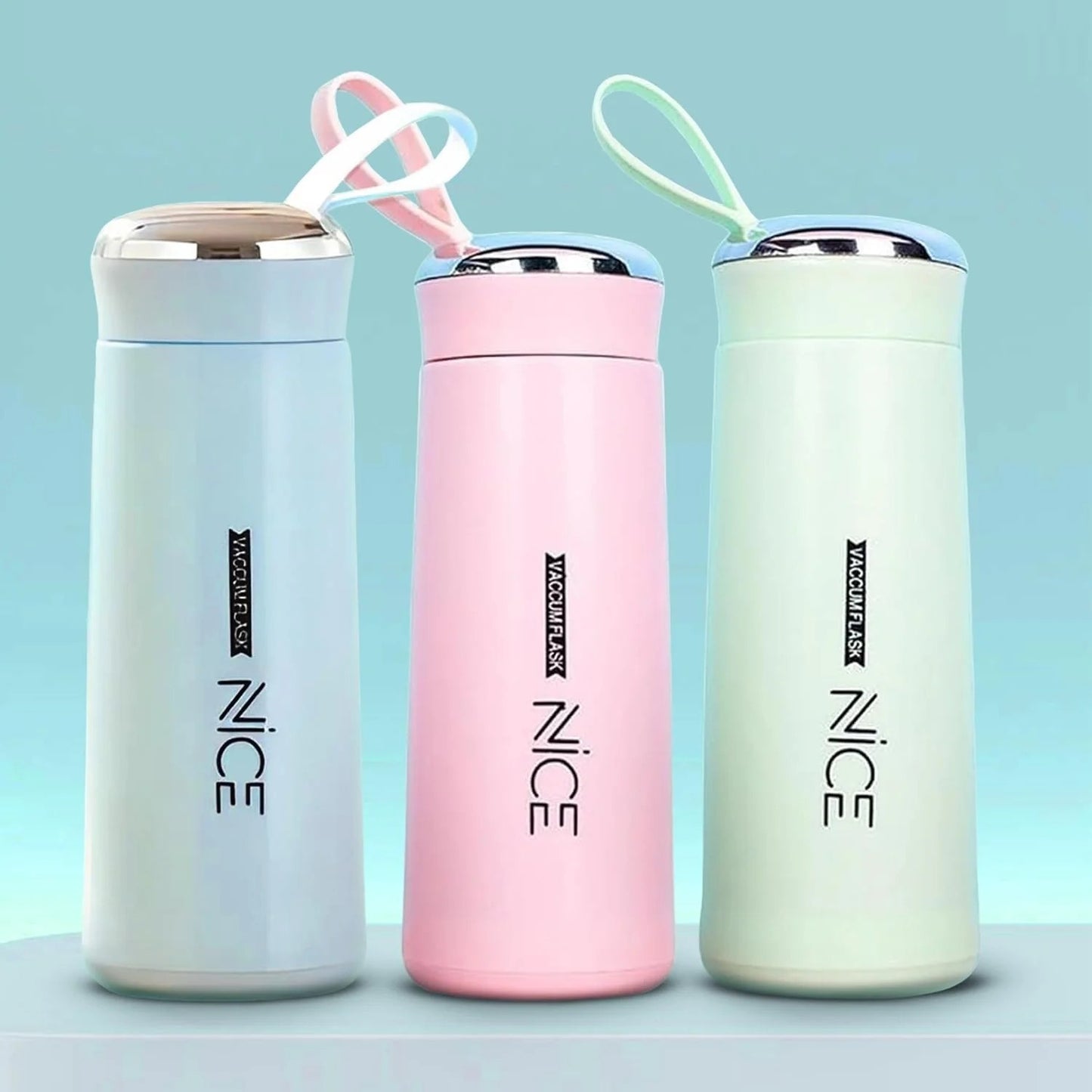 Three colorful thermos bottles with 'NICE' branding on a light blue background